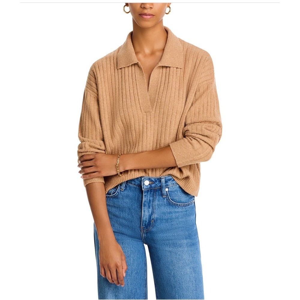 FRENCH CONNECTION Vhari Ribbed Collared Pullover‎ Sweater Camel Melange Large